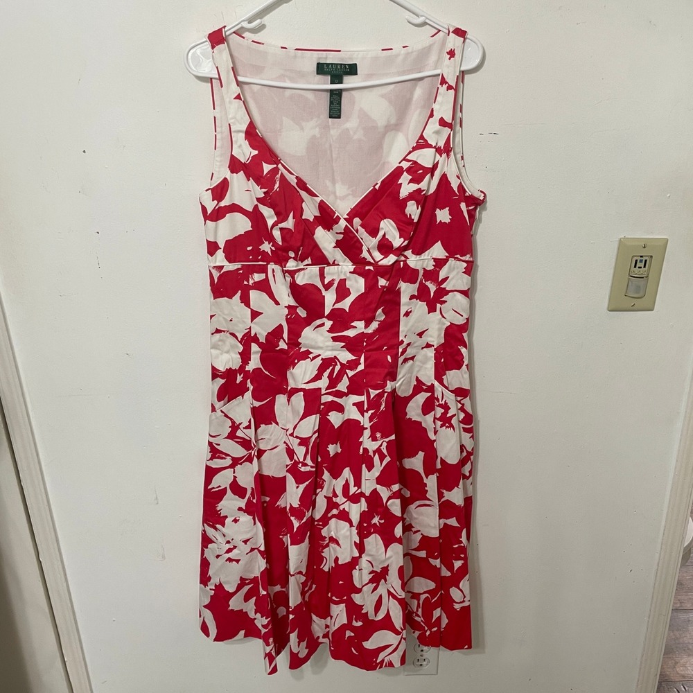 Lauren Ralph Lauren Red White Floral Sleeveless V-Neck Fit Flare Dress 12 Pocket